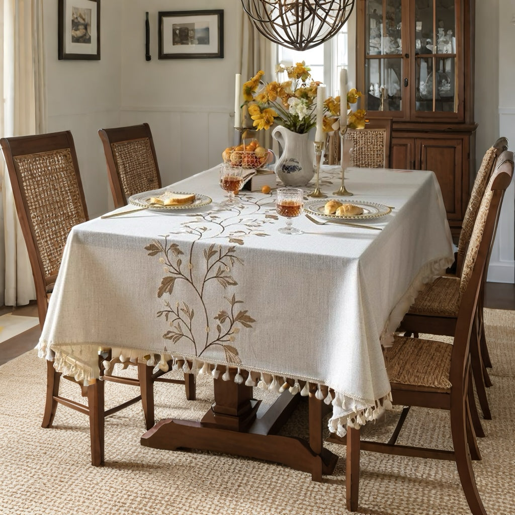 White Vine Pattern Tassel Linen Tablecloth