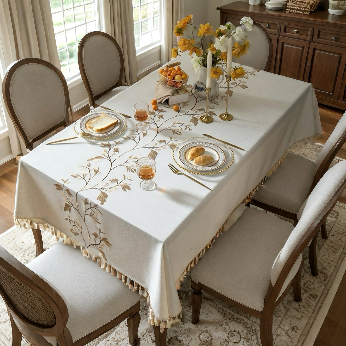 White Vine Pattern Tassel Linen Tablecloth