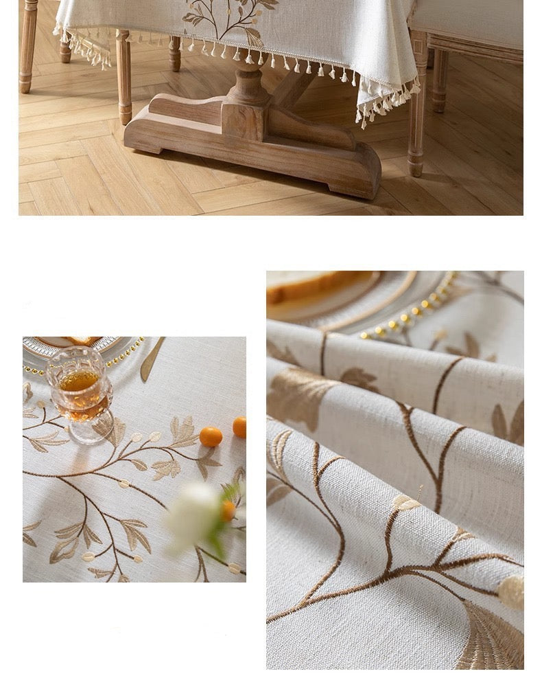 White Vine Pattern Tassel Linen Tablecloth