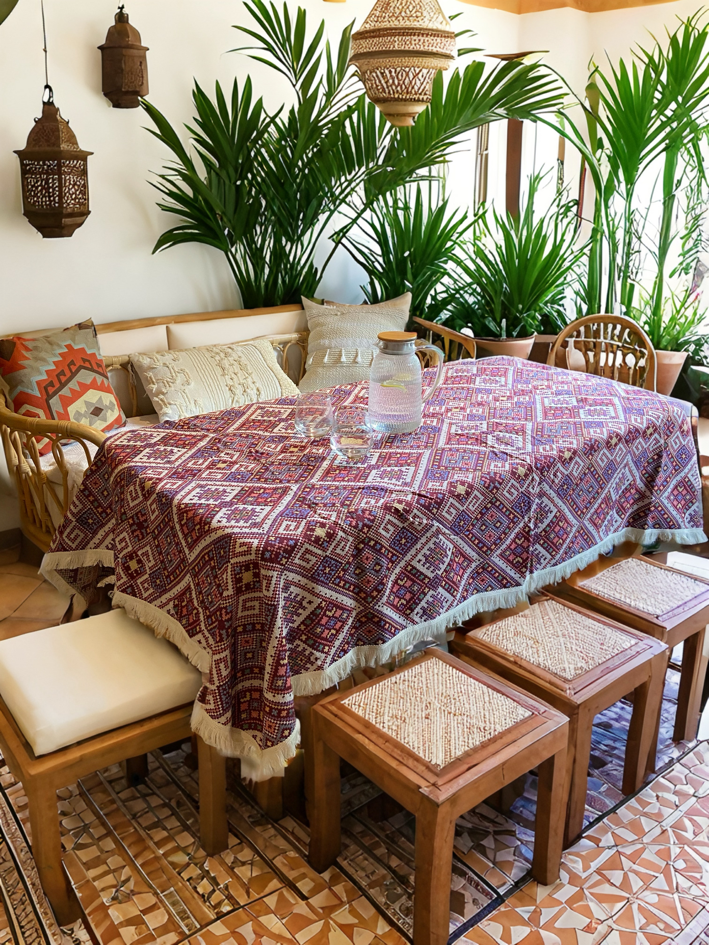 Red Moroccan Geometric Pattern Dining Tablecloth