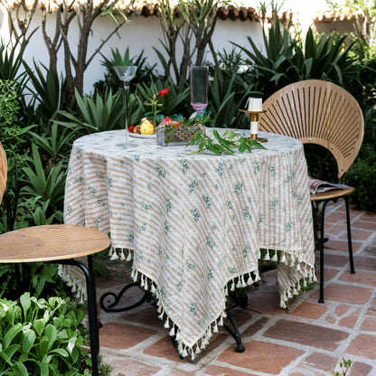 Green Leaf Stripes Tassel Alfresco Picnic Dining Tablecloth