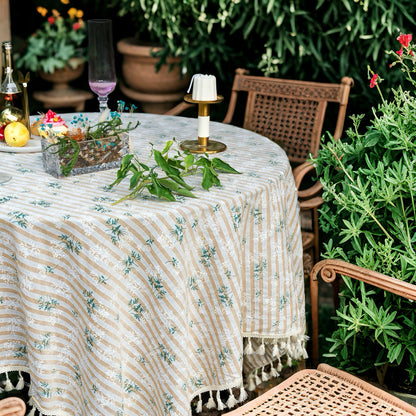 Green Leaf Stripes Tassel Alfresco Picnic Dining Tablecloth